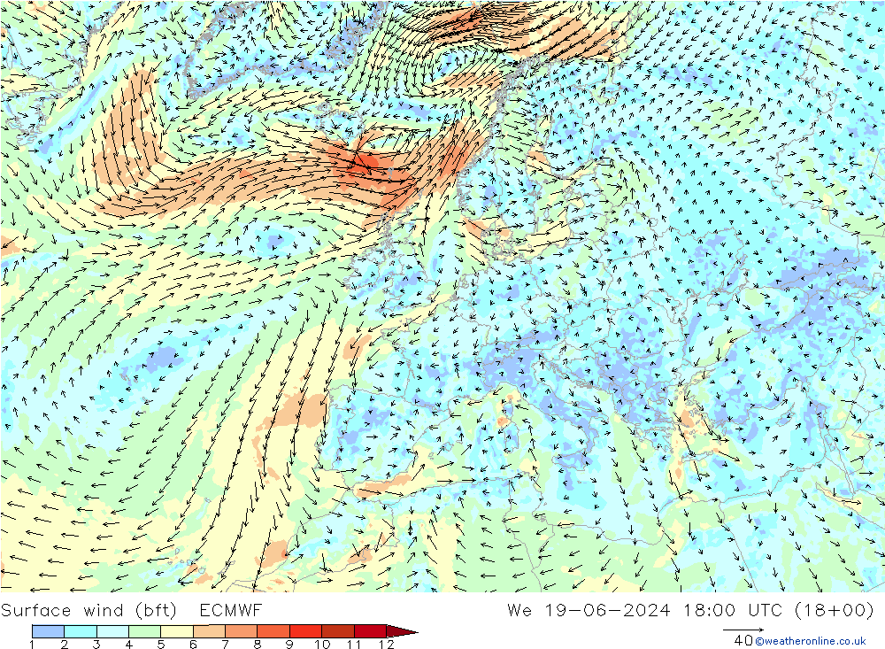 Viento 10 m (bft) ECMWF mié 19.06.2024 18 UTC