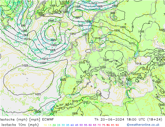 Isotachen (mph) ECMWF Do 20.06.2024 18 UTC