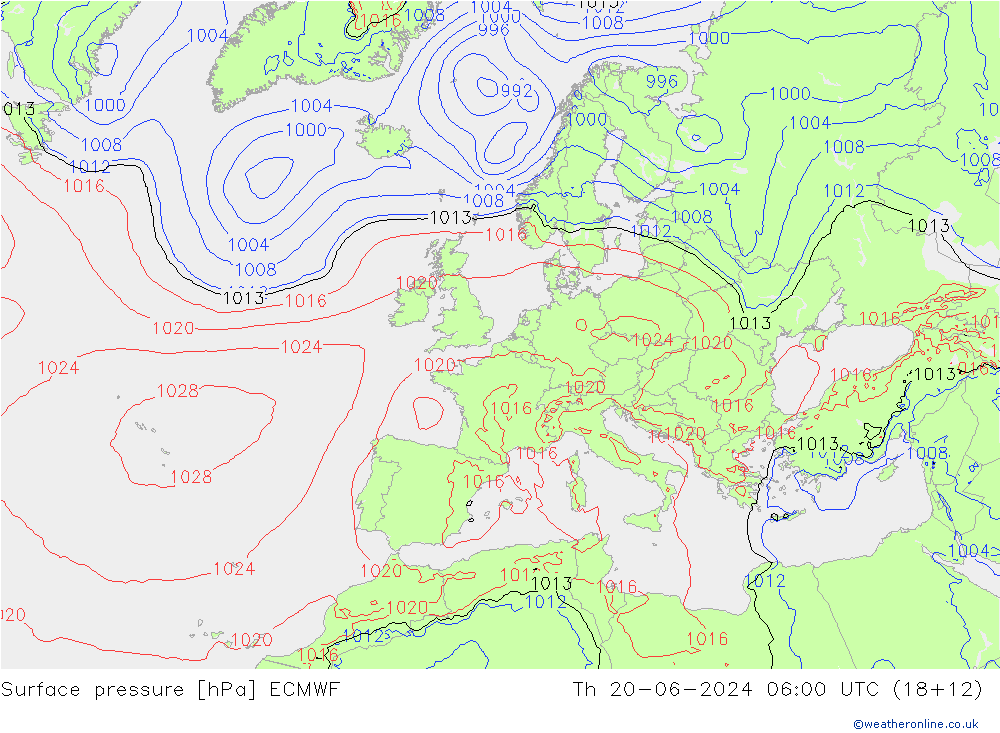 Presión superficial ECMWF jue 20.06.2024 06 UTC