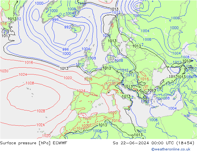 Bodendruck ECMWF Sa 22.06.2024 00 UTC