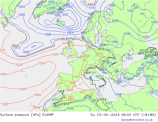 Atmosférický tlak ECMWF Ne 23.06.2024 06 UTC
