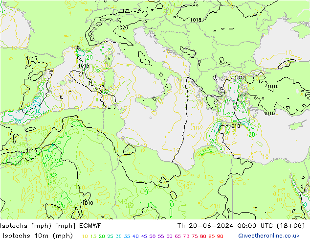 Isotachs (mph) ECMWF чт 20.06.2024 00 UTC