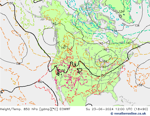 Height/Temp. 850 hPa ECMWF Su 23.06.2024 12 UTC