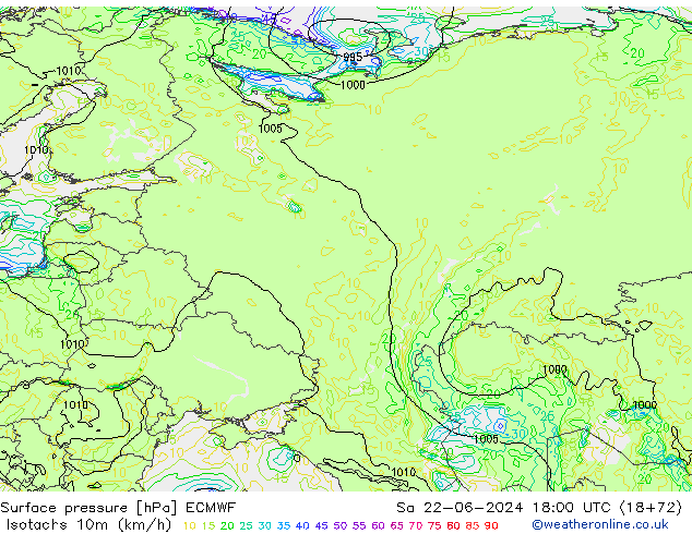 Isotachs (kph) ECMWF sam 22.06.2024 18 UTC