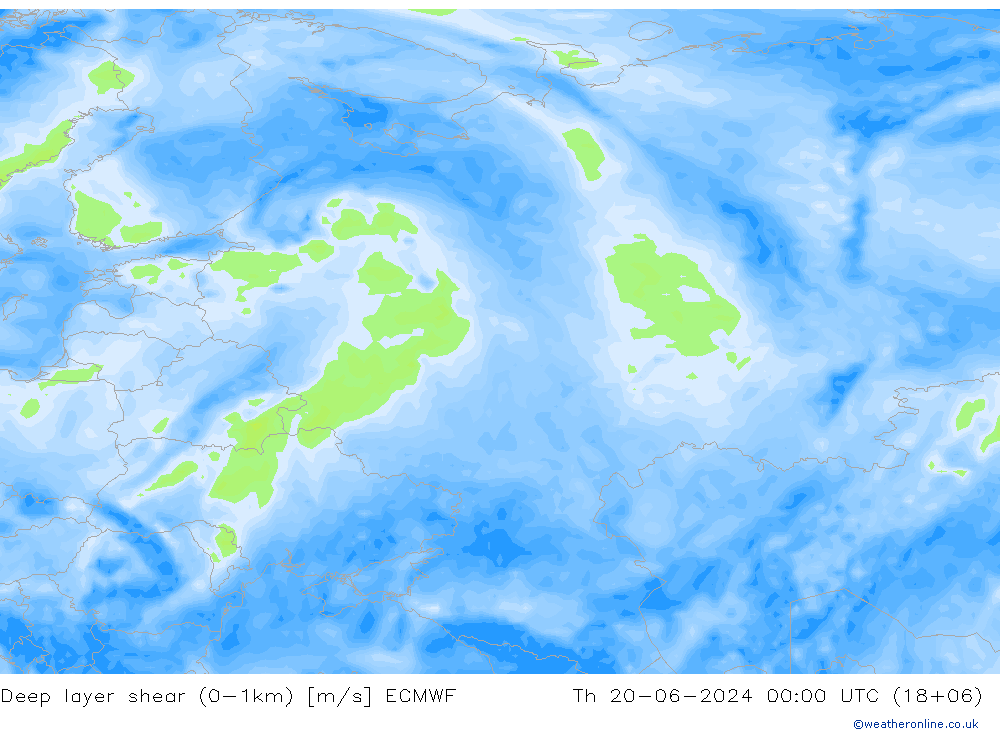 Deep layer shear (0-1km) ECMWF Čt 20.06.2024 00 UTC