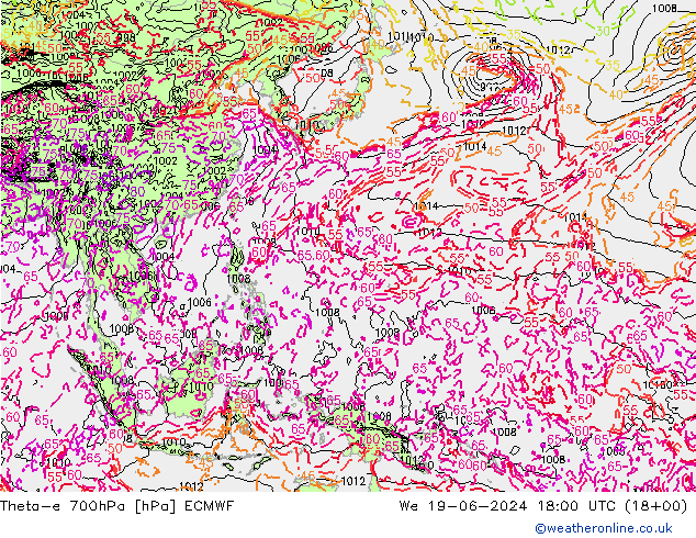 Theta-e 700hPa ECMWF We 19.06.2024 18 UTC