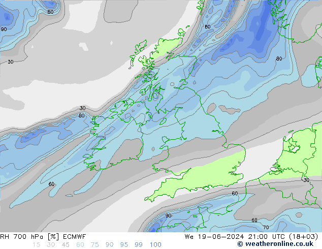 RH 700 hPa ECMWF Qua 19.06.2024 21 UTC