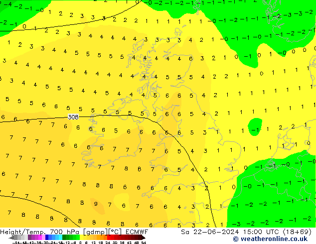 Hoogte/Temp. 700 hPa ECMWF za 22.06.2024 15 UTC