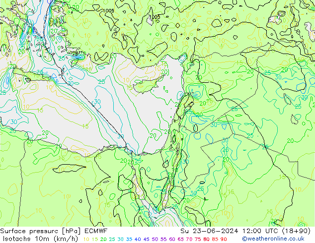 Isotachen (km/h) ECMWF So 23.06.2024 12 UTC
