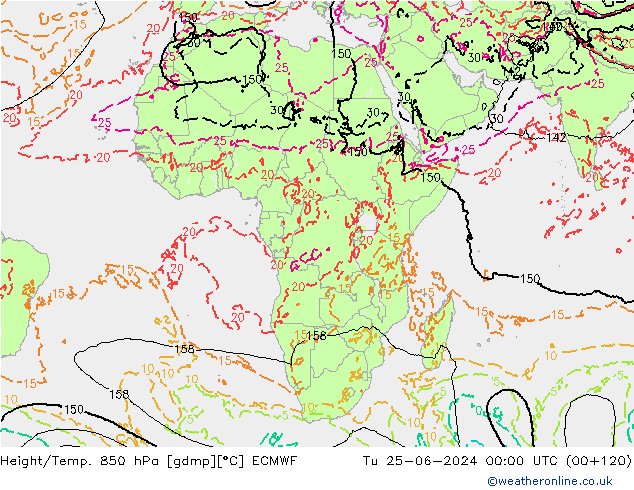Height/Temp. 850 hPa ECMWF  25.06.2024 00 UTC