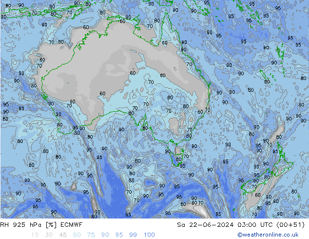 Humidité rel. 925 hPa ECMWF sam 22.06.2024 03 UTC