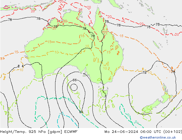 Height/Temp. 925 hPa ECMWF Mo 24.06.2024 06 UTC