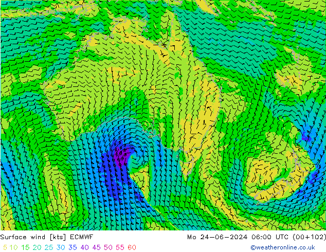 Surface wind ECMWF Mo 24.06.2024 06 UTC