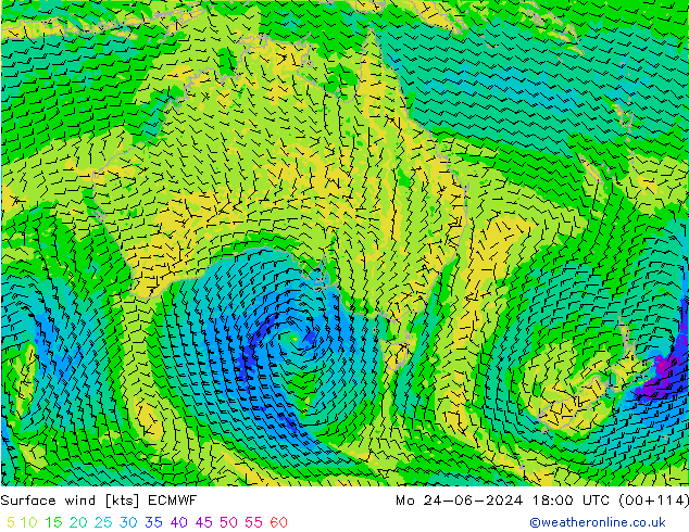 Viento 10 m ECMWF lun 24.06.2024 18 UTC