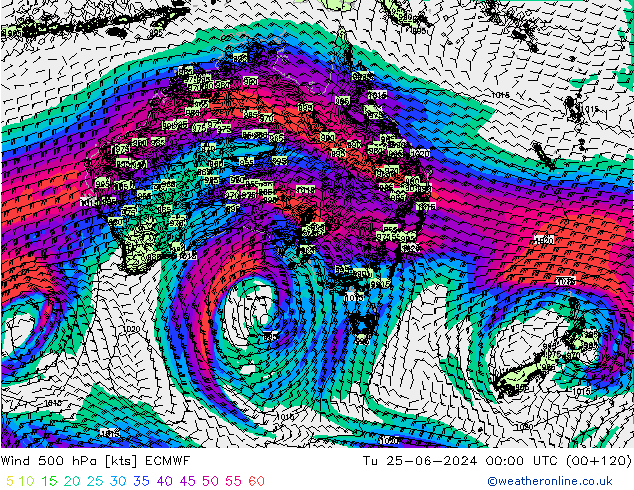 Wind 500 hPa ECMWF Tu 25.06.2024 00 UTC