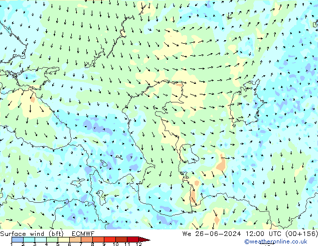 Wind 10 m (bft) ECMWF wo 26.06.2024 12 UTC