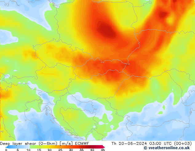 Deep layer shear (0-6km) ECMWF чт 20.06.2024 03 UTC