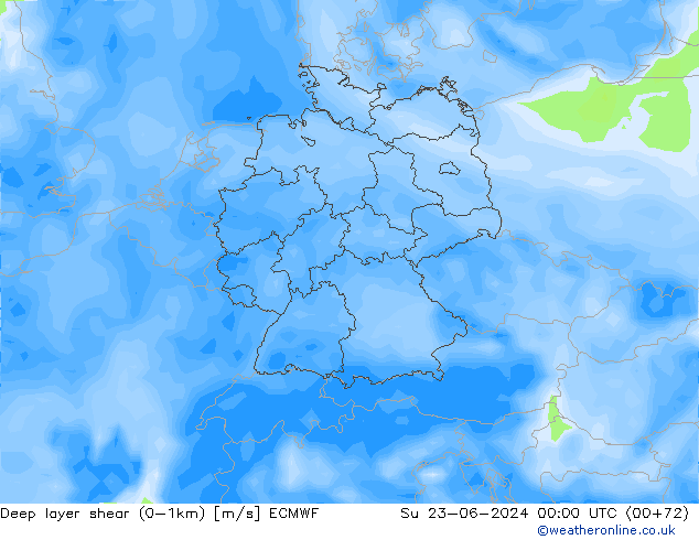 Deep layer shear (0-1km) ECMWF Su 23.06.2024 00 UTC