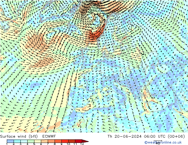 Wind 10 m (bft) ECMWF do 20.06.2024 06 UTC
