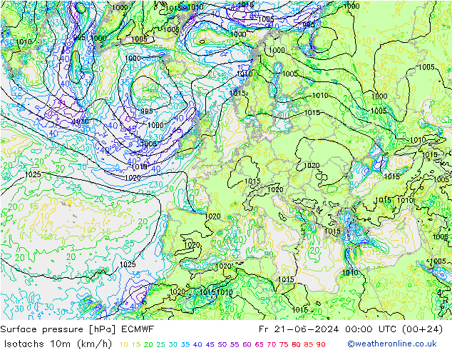 Isotachen (km/h) ECMWF Fr 21.06.2024 00 UTC