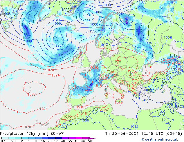 Z500/Rain (+SLP)/Z850 ECMWF Čt 20.06.2024 18 UTC