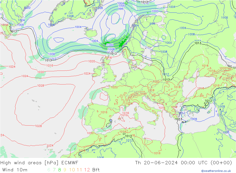 High wind areas ECMWF jue 20.06.2024 00 UTC