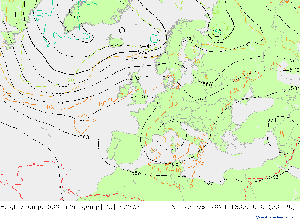 Z500/Rain (+SLP)/Z850 ECMWF Su 23.06.2024 18 UTC