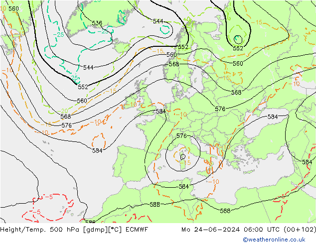 Z500/Rain (+SLP)/Z850 ECMWF Mo 24.06.2024 06 UTC