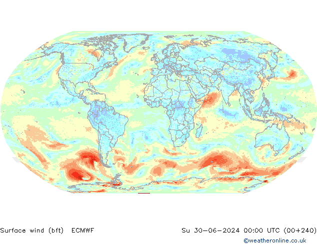 Surface wind (bft) ECMWF Su 30.06.2024 00 UTC