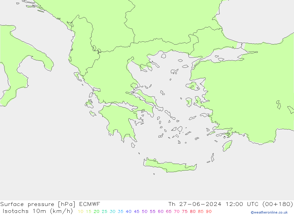 Isotachs (kph) ECMWF gio 27.06.2024 12 UTC