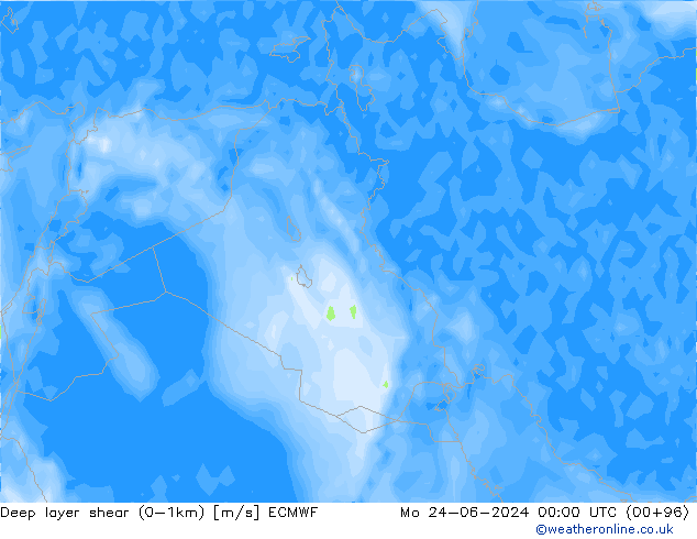 Deep layer shear (0-1km) ECMWF Mo 24.06.2024 00 UTC