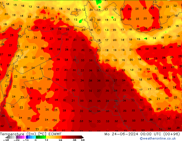 Temperatuurkaart (2m) ECMWF ma 24.06.2024 00 UTC