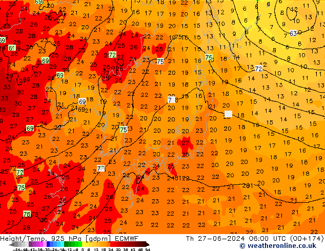 Height/Temp. 925 hPa ECMWF Th 27.06.2024 06 UTC