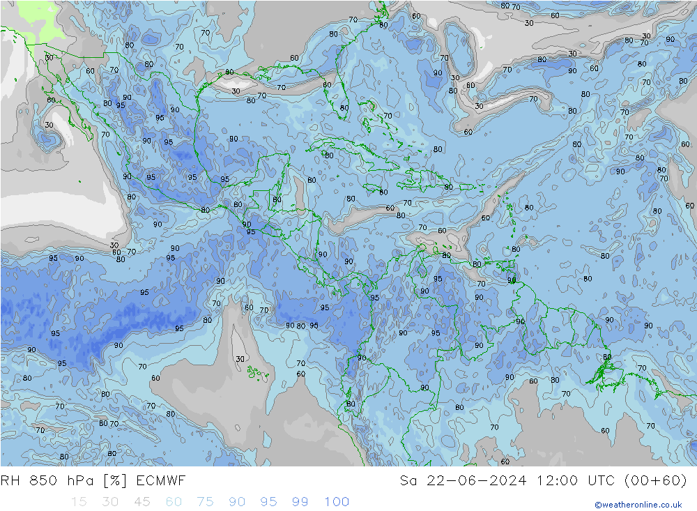 RH 850 hPa ECMWF Sa 22.06.2024 12 UTC