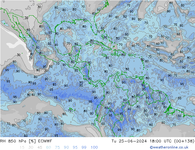 RH 850 hPa ECMWF wto. 25.06.2024 18 UTC