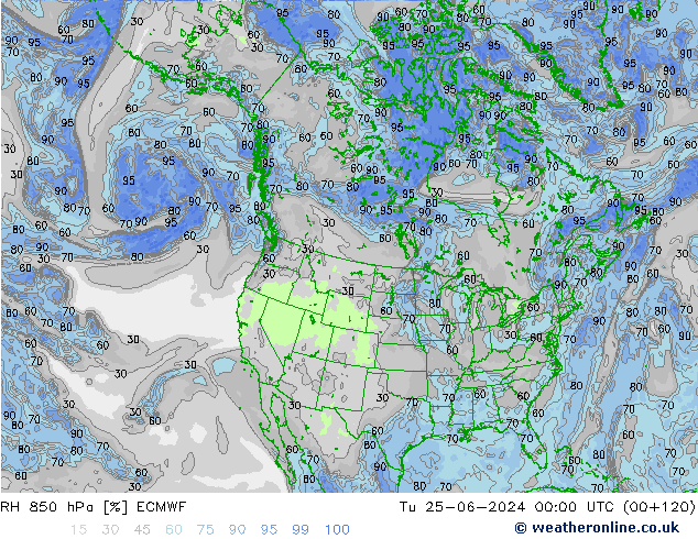 RH 850 hPa ECMWF Út 25.06.2024 00 UTC