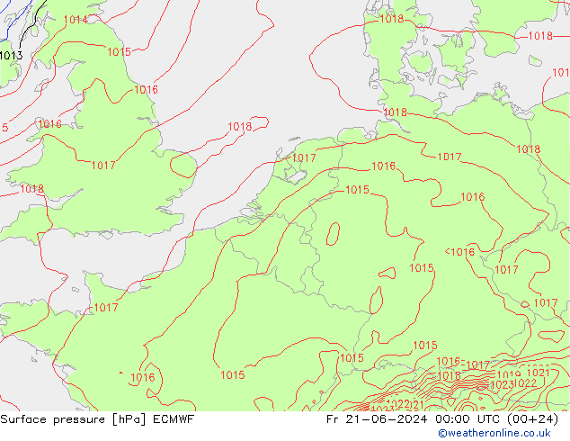 Presión superficial ECMWF vie 21.06.2024 00 UTC