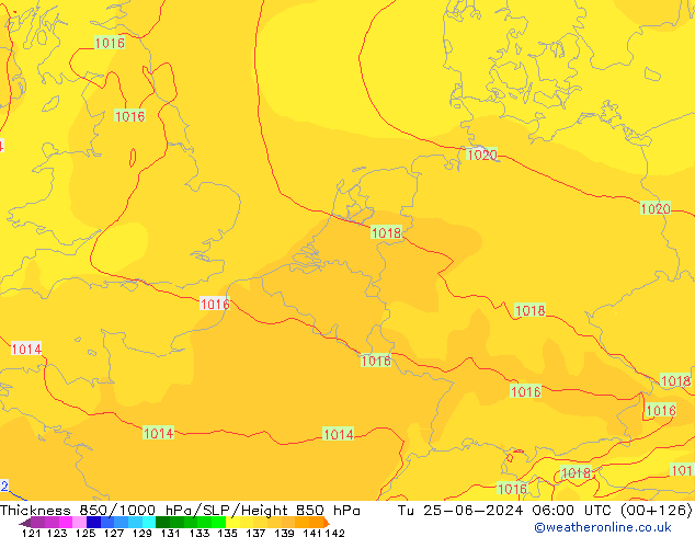 Thck 850-1000 hPa ECMWF Tu 25.06.2024 06 UTC