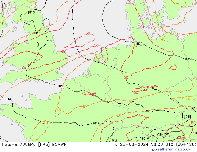 Theta-e 700hPa ECMWF Tu 25.06.2024 06 UTC