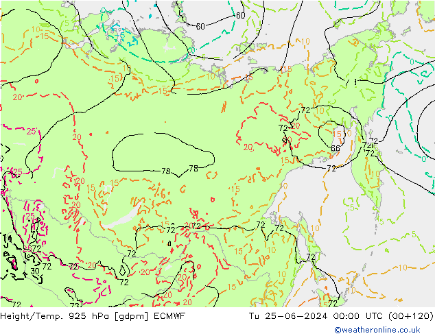 Height/Temp. 925 hPa ECMWF Út 25.06.2024 00 UTC