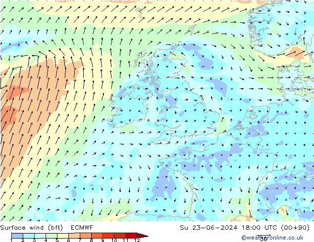 Rüzgar 10 m (bft) ECMWF Paz 23.06.2024 18 UTC