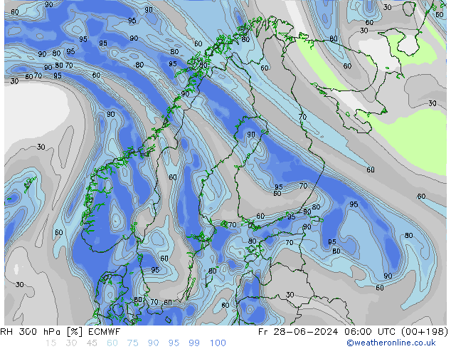 Humidité rel. 300 hPa ECMWF ven 28.06.2024 06 UTC