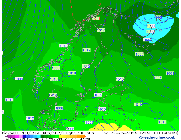 Thck 700-1000 hPa ECMWF Sa 22.06.2024 12 UTC