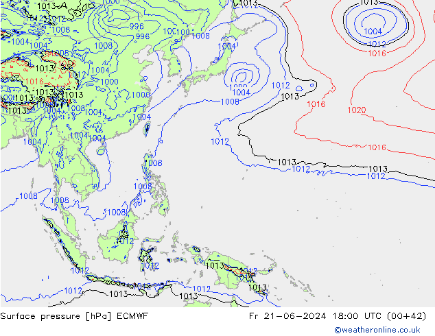 Presión superficial ECMWF vie 21.06.2024 18 UTC