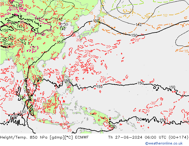 Z500/Rain (+SLP)/Z850 ECMWF Čt 27.06.2024 06 UTC