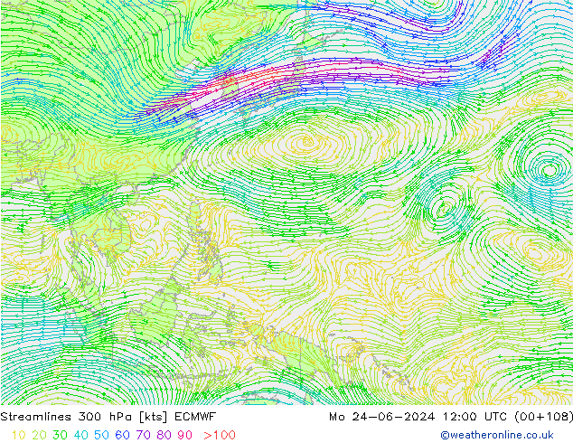 Linea di flusso 300 hPa ECMWF lun 24.06.2024 12 UTC