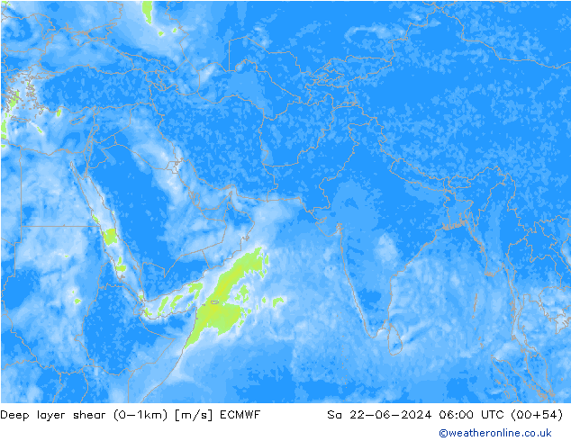 Deep layer shear (0-1km) ECMWF Cts 22.06.2024 06 UTC