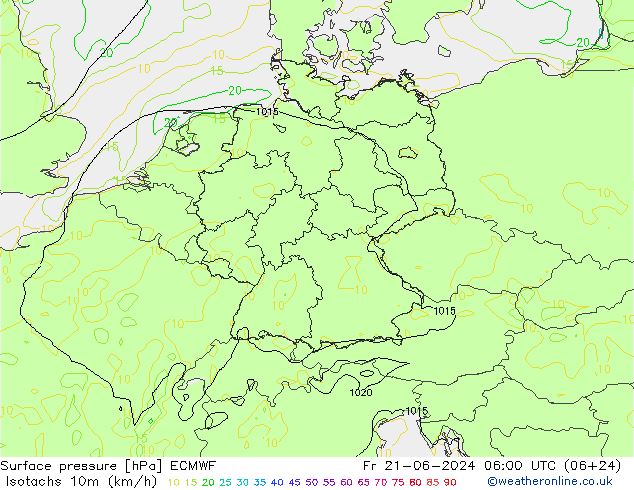 Eşrüzgar Hızları (km/sa) ECMWF Cu 21.06.2024 06 UTC