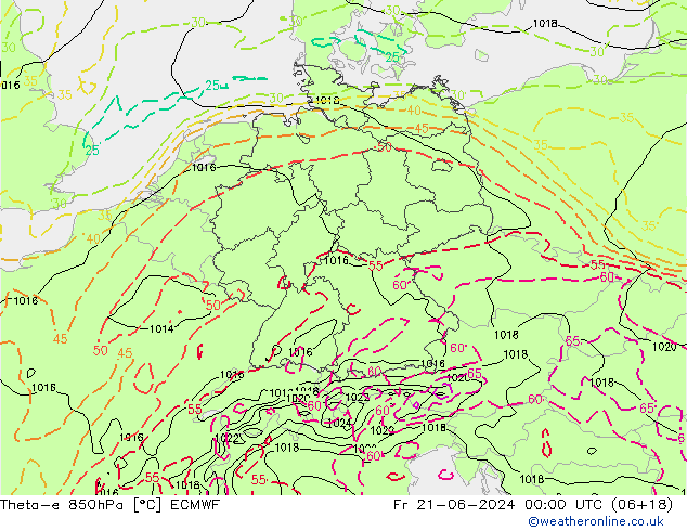 Theta-e 850hPa ECMWF Pá 21.06.2024 00 UTC