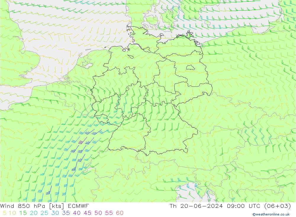 wiatr 850 hPa ECMWF czw. 20.06.2024 09 UTC